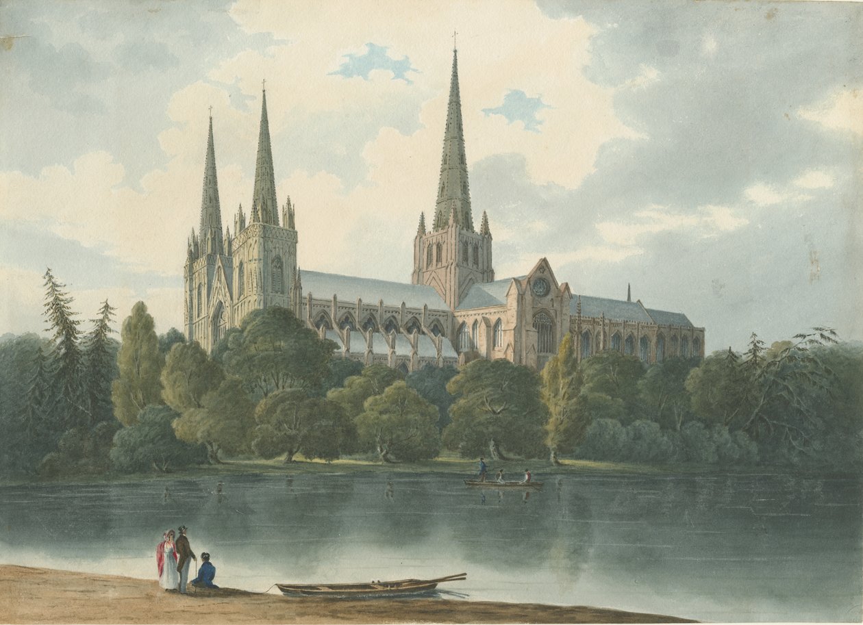 Katedra w Lichfield - południowy zachód Widok: akwarela, lipiec 1824 (obraz) autorstwa Robert Noyes