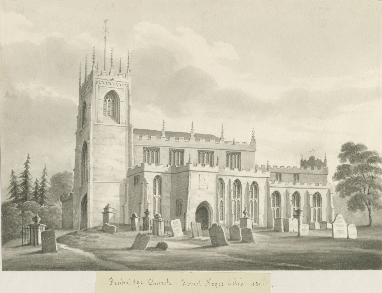 Kościół w Penkridge: rysunek w odcieniu sepii, 1831 autorstwa Robert Noyes