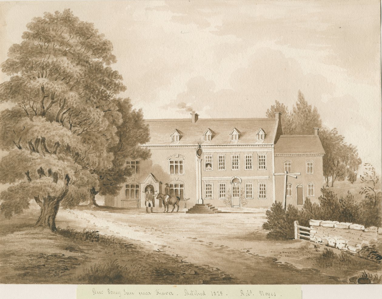 Stourton - "Gulasz Poney Inn niedaleko Kinver": rysunek w sepii, 1828 autorstwa Robert Noyes
