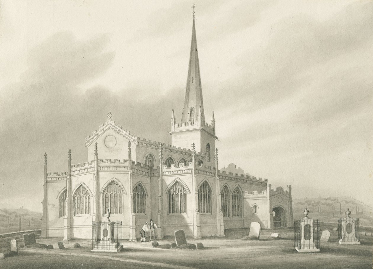 Wednesbury - kościół św. Bartłomieja: rysunek w odcieniu sepii, nd [1827] (rysunek) autorstwa Robert Noyes