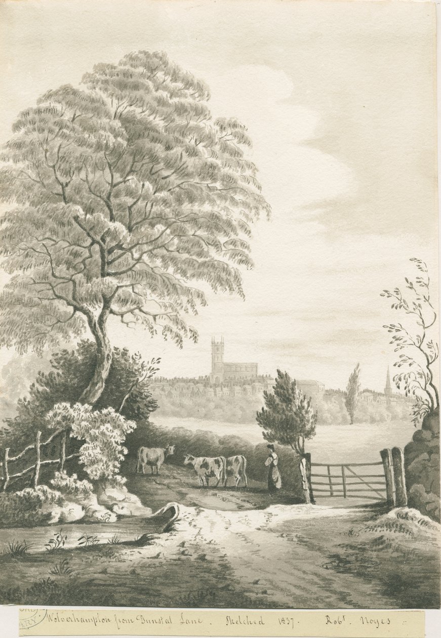 Wolverhampton - Odległy widok z Dunstall Lane: rysunek w odcieniu sepii, 1837 autorstwa Robert Noyes