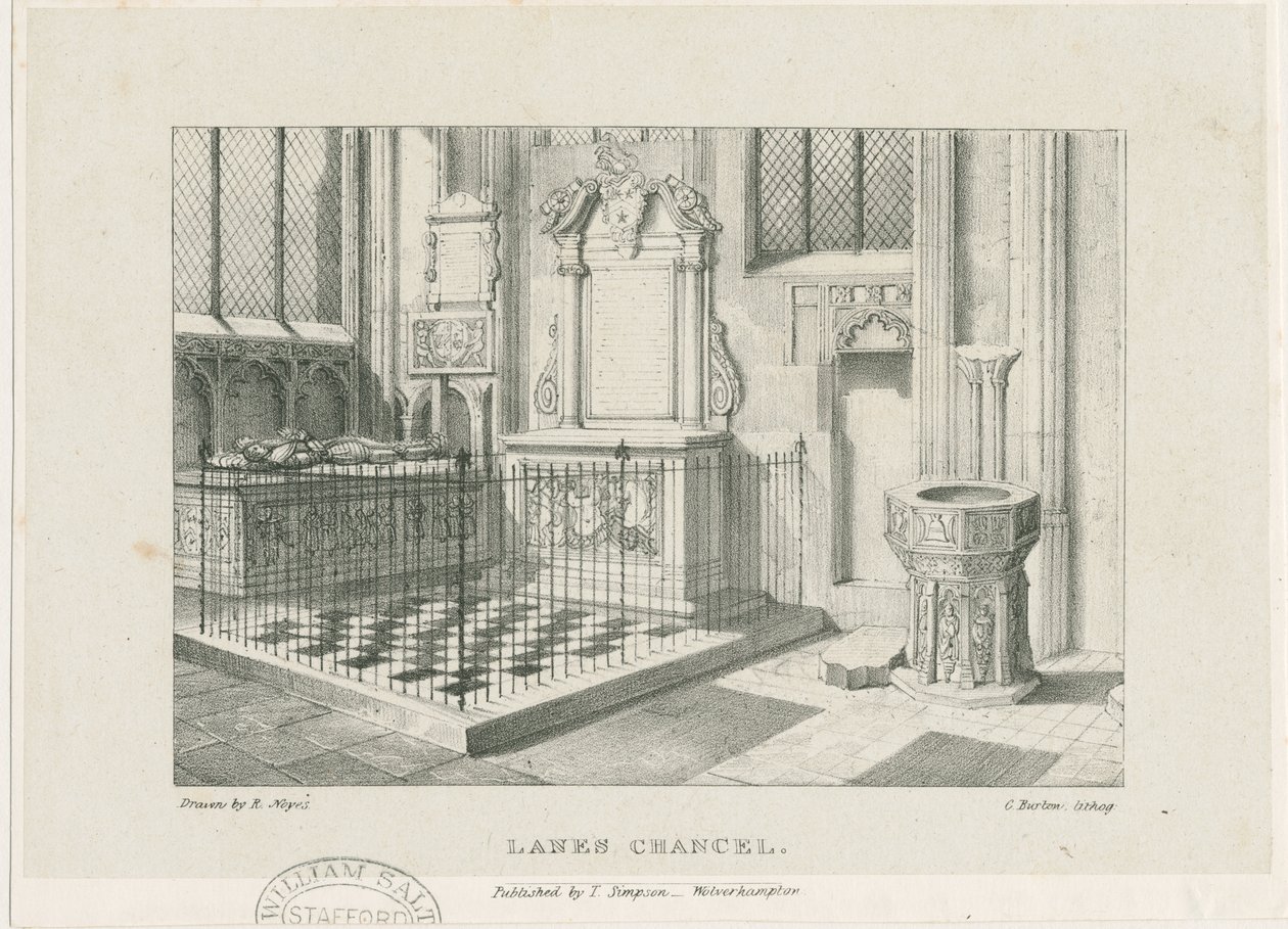 Wolverhampton - „Lanes Chancel” w kościele św. Piotra: litografia, bd [c 1844] (druk) autorstwa Robert Noyes