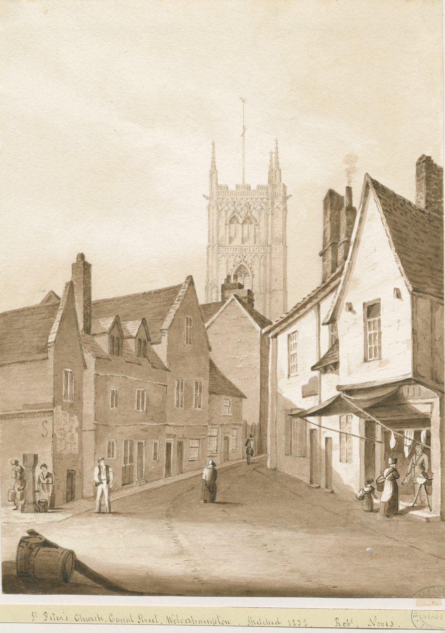 Wolverhampton - Kościół św. Piotra: rysunek w sepii, 1838 r. autorstwa Robert Noyes
