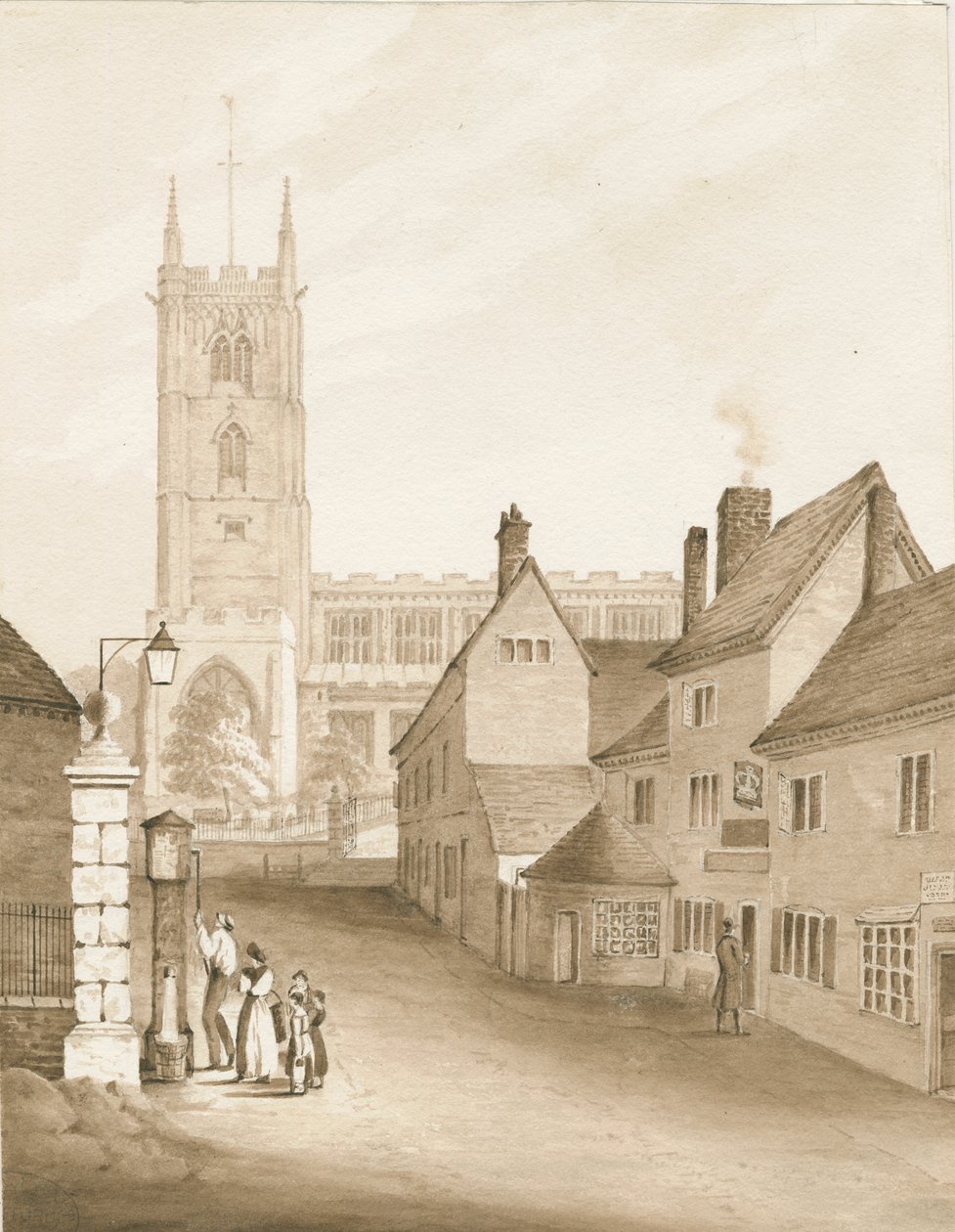 Wolverhampton - Kościół św. Piotra: rysunek w sepii, 1838 r. autorstwa Robert Noyes
