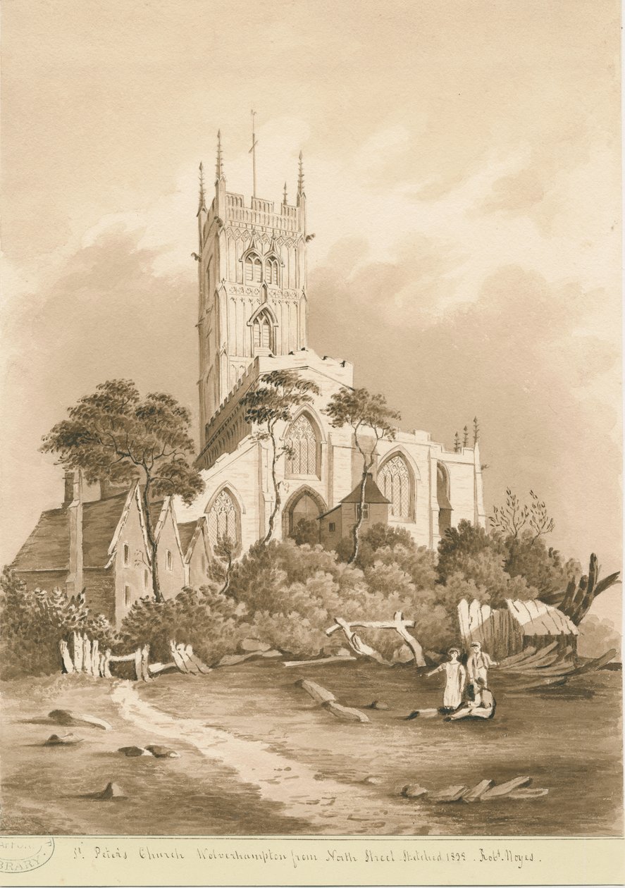 Wolverhampton - Kościół św. Piotra: rysunek w sepii, 1838 r. autorstwa Robert Noyes