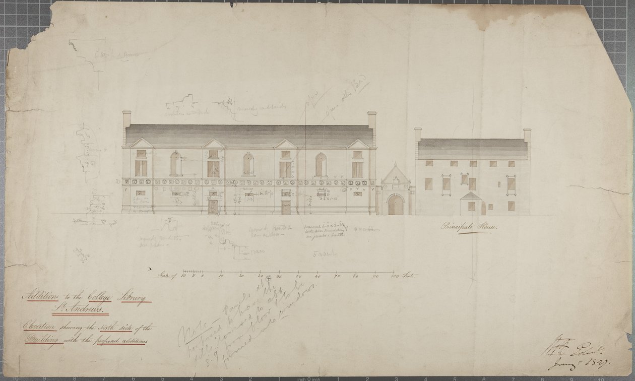 Rysunek architektoniczny Biblioteki Uniwersyteckiej, 1827 (ołówek i wc na papierze) autorstwa Robert Payton Reid