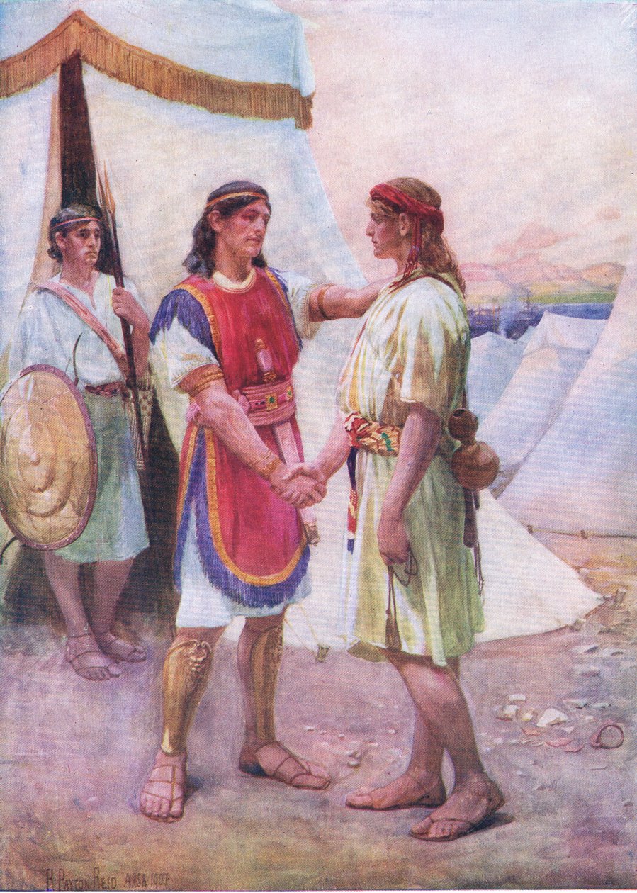 David i Jonathan, z The Bible Picture Book wydanej przez Thomasa Nelsona, ok. 1950 (lito) autorstwa Robert Payton Reid