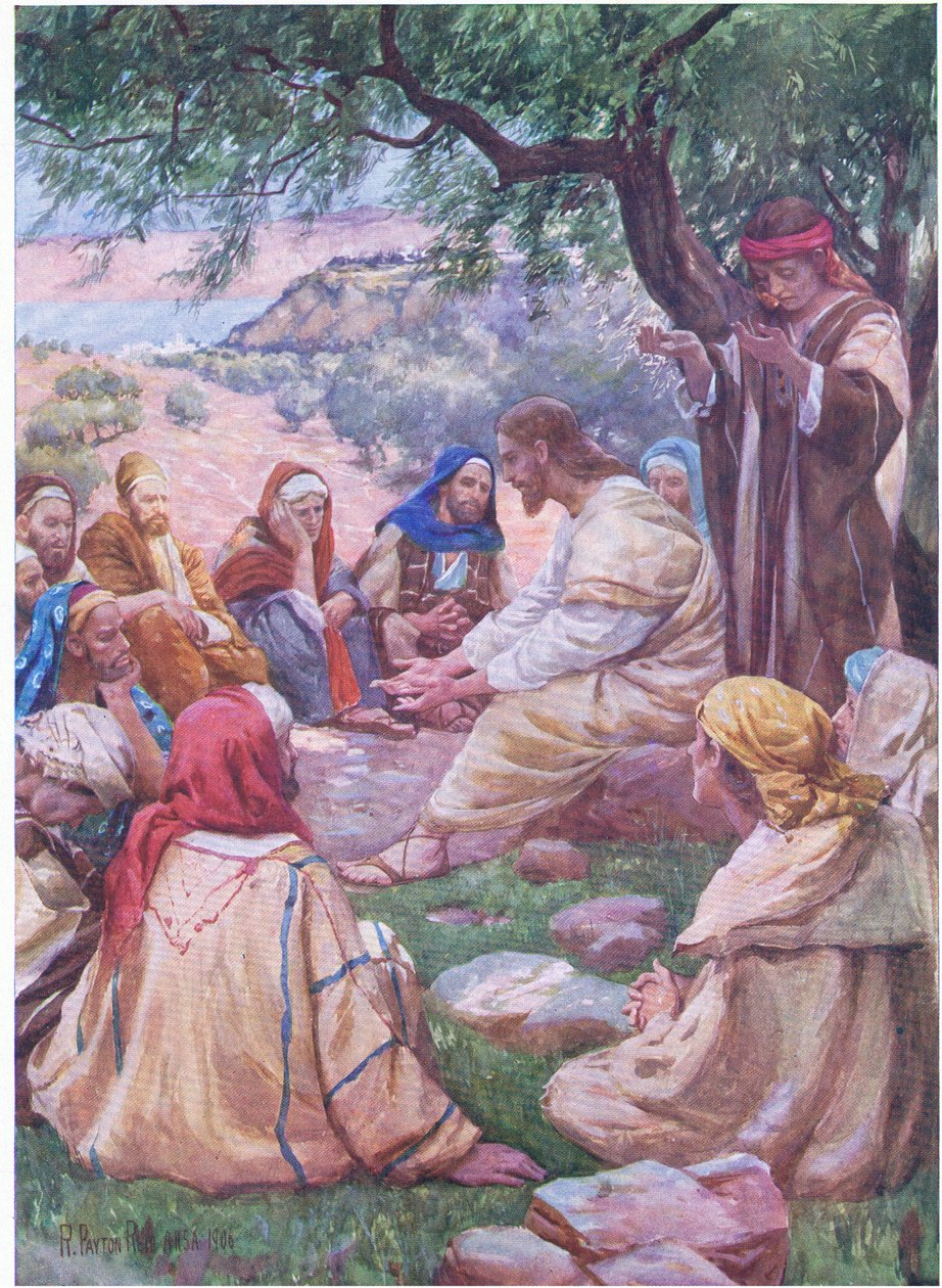 Jezus uczy swoich uczniów modlić się, z Biblijnej Księgi Obrazkowej wydanej przez Thomasa Nelsona, ok. 1950 r. autorstwa Robert Payton Reid