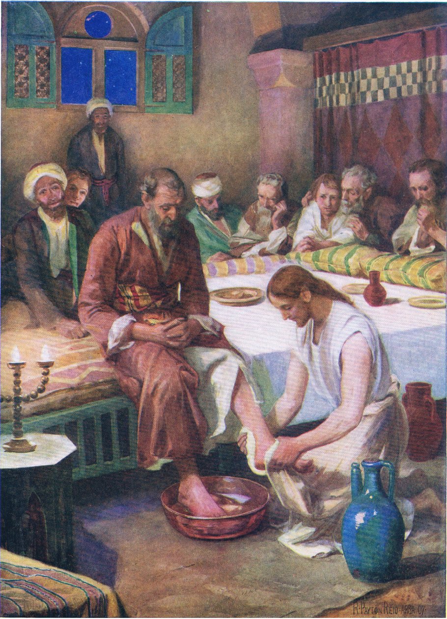 Jezus myjący stopy uczniom, z Biblijnej Księgi Obrazkowej wydanej przez Thomasa Nelsona, ok. 1950 autorstwa Robert Payton Reid