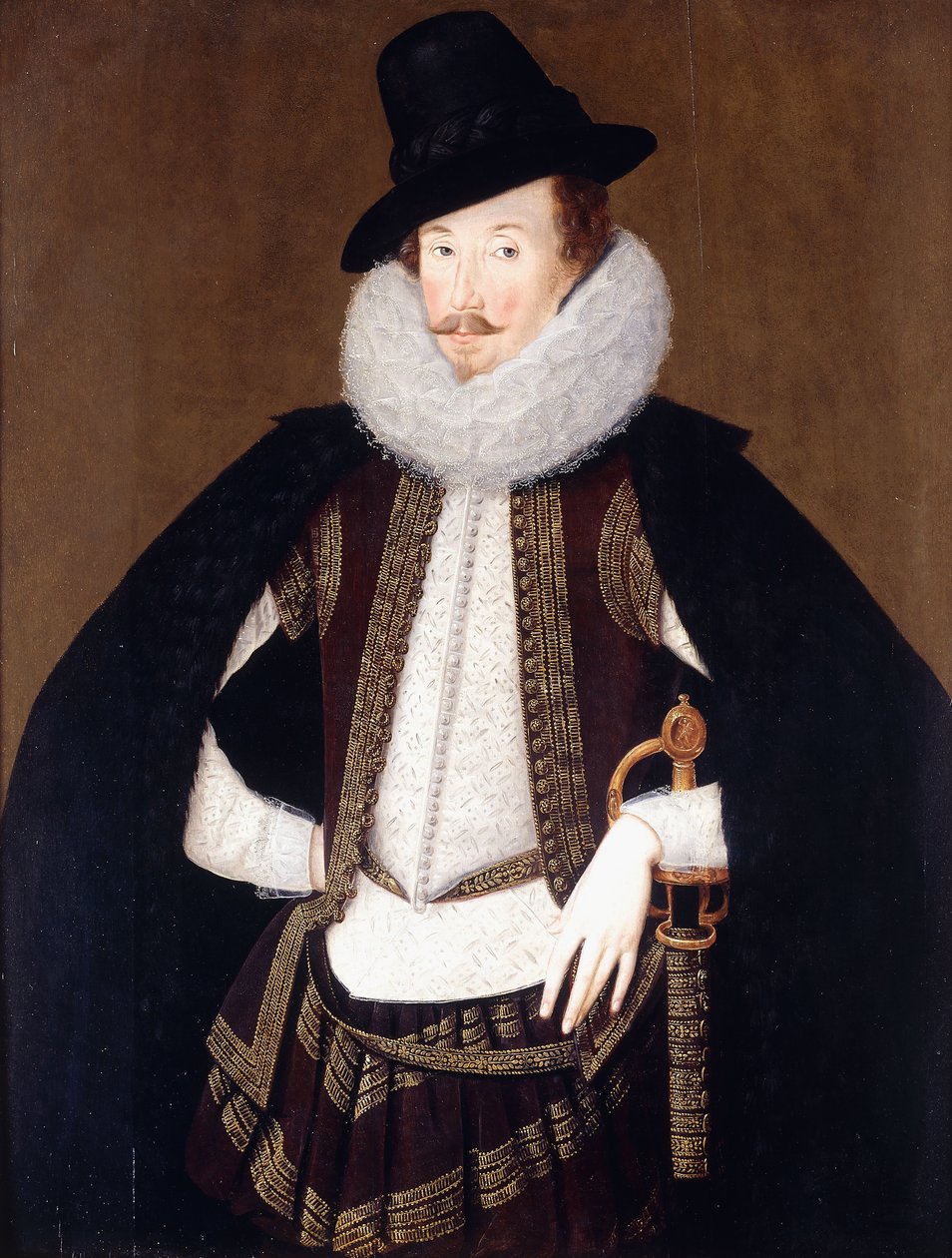 Portret sir Charlesa Cornwallisa, w czarnym płaszczu obszytym futrem, białym i brązowym dublecie, złotej haftowanej kamizelce, autorstwa Robert Peake
