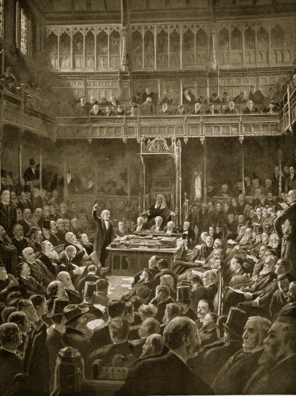 Meina Gladstone wprowadzająca ustawę o zasadach samodzielności, luty 1893 r. autorstwa Robert Ponsonby Staples