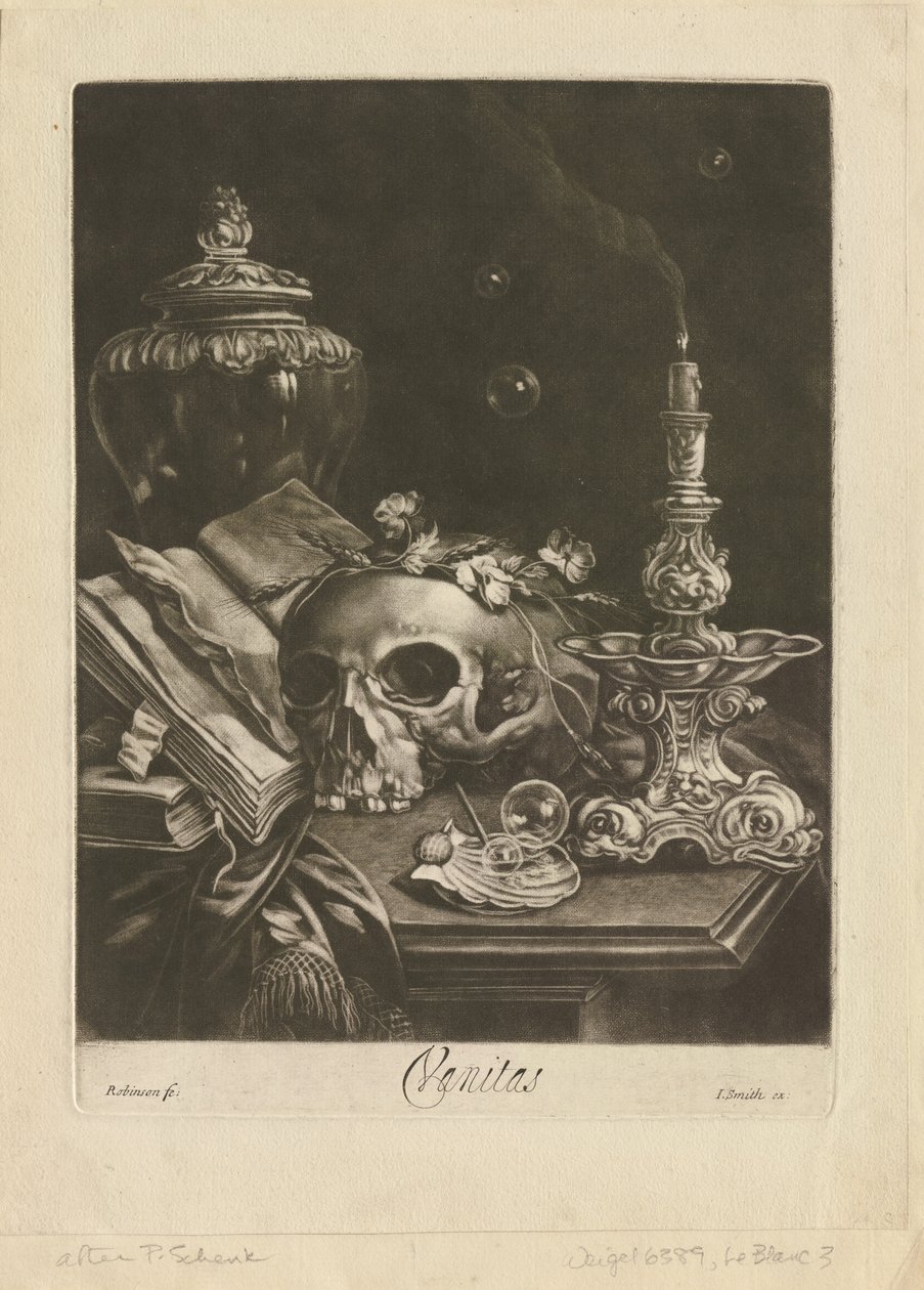 Martwa natura Vanitas, c.1685-88 (mezzotinta z grzebieniami) autorstwa Robert Robinson