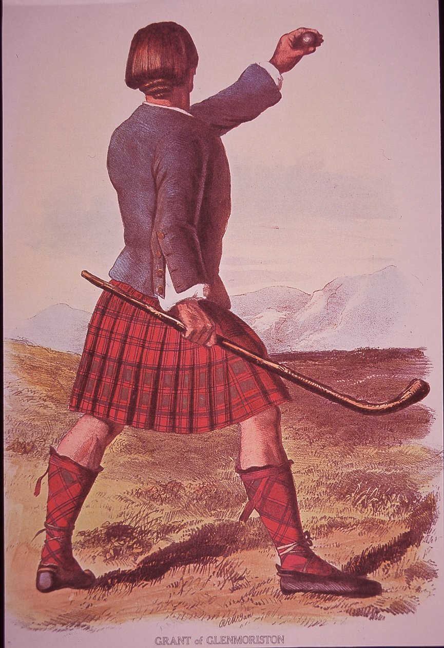 Klanowicz Grant of Glenmoriston grający w shinty (litografia kolorowa) autorstwa Robert Ronald (after) McIan