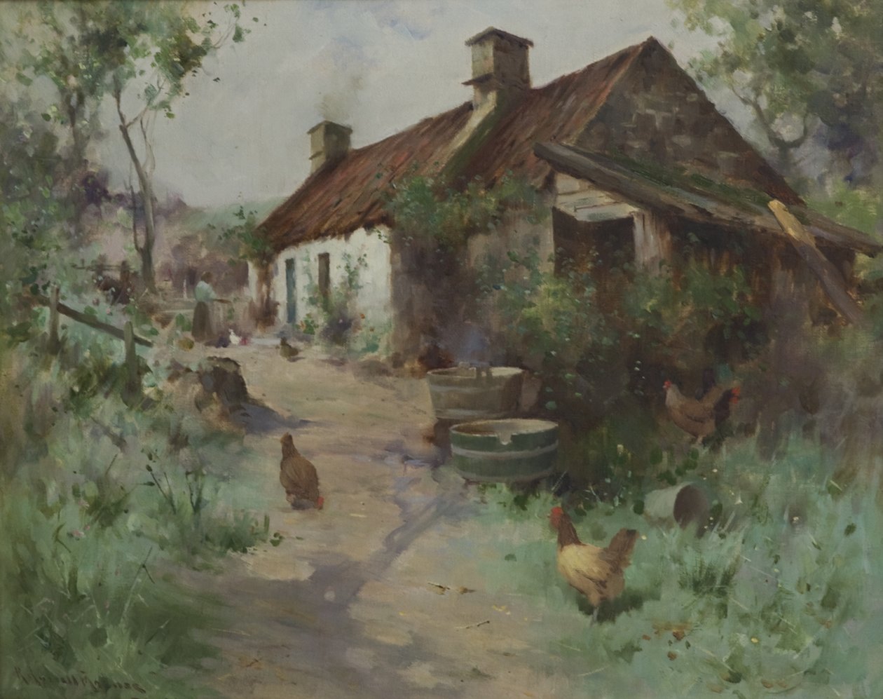 Bothy z drobiem (olej na płótnie) autorstwa Robert Russell MacNee