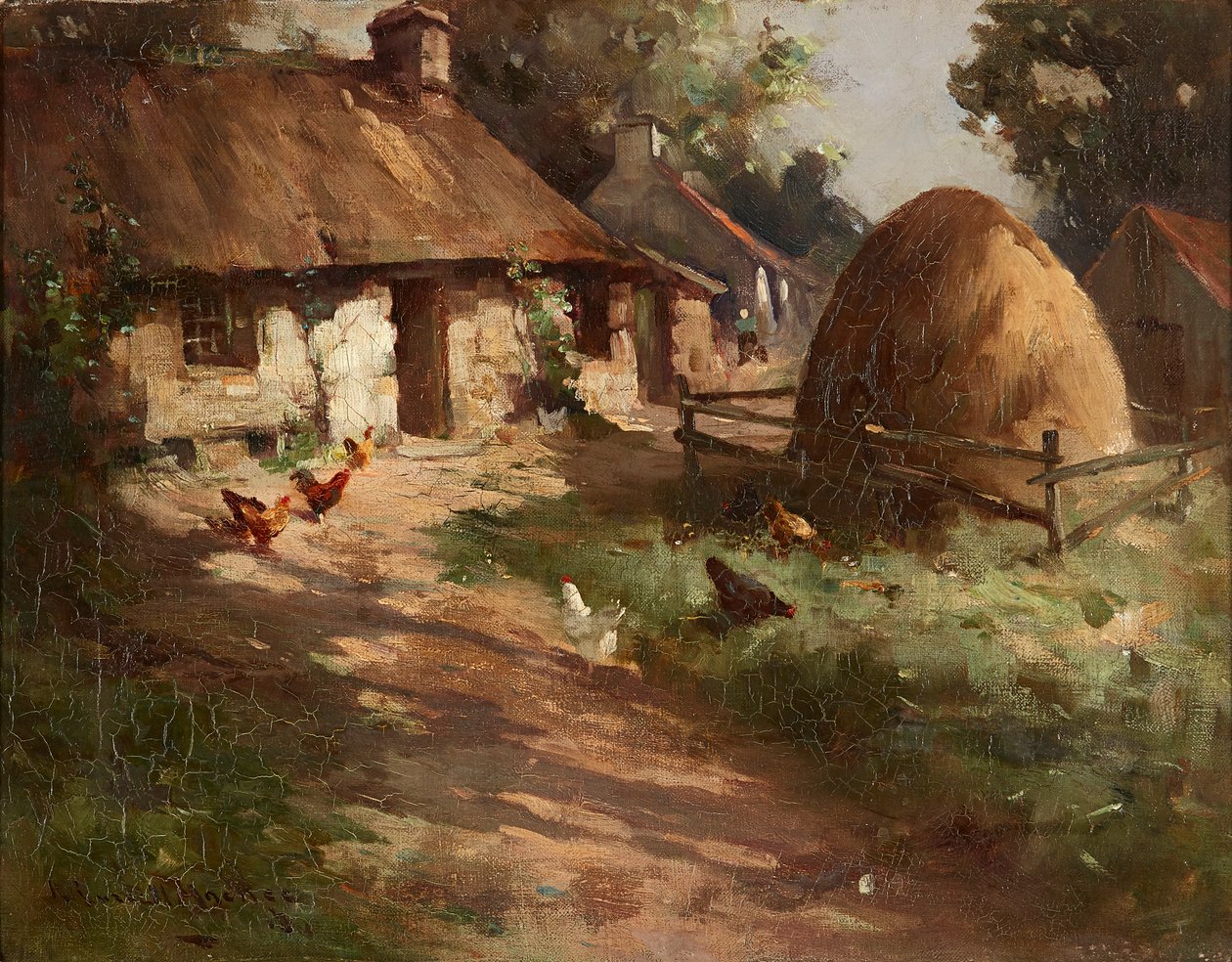 Kury przy stogu siana (olej na płótnie) autorstwa Robert Russell MacNee
