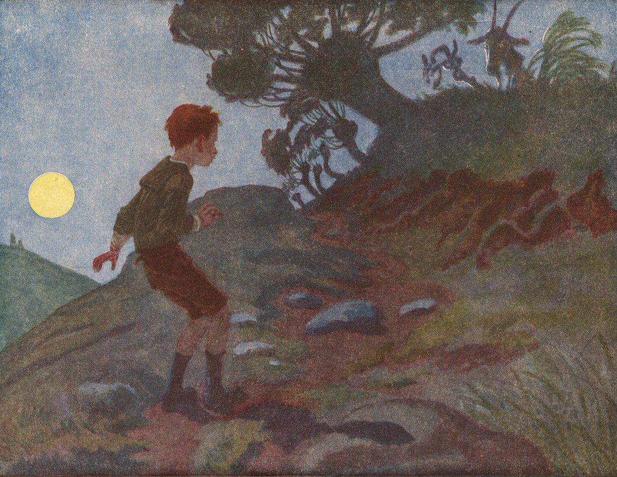 Chłopiec bojący się ciemności (kolorowa litografia) autorstwa Robert Salles
