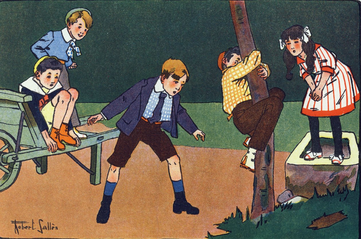 Okoń dla kota. Grawerowanie w „” W co gramy? „” E. Webera z rysunkami akwarelowymi Roberta Sallesa (1871-1929). Biblioteka Garnier Freres, Paryż autorstwa Robert Salles