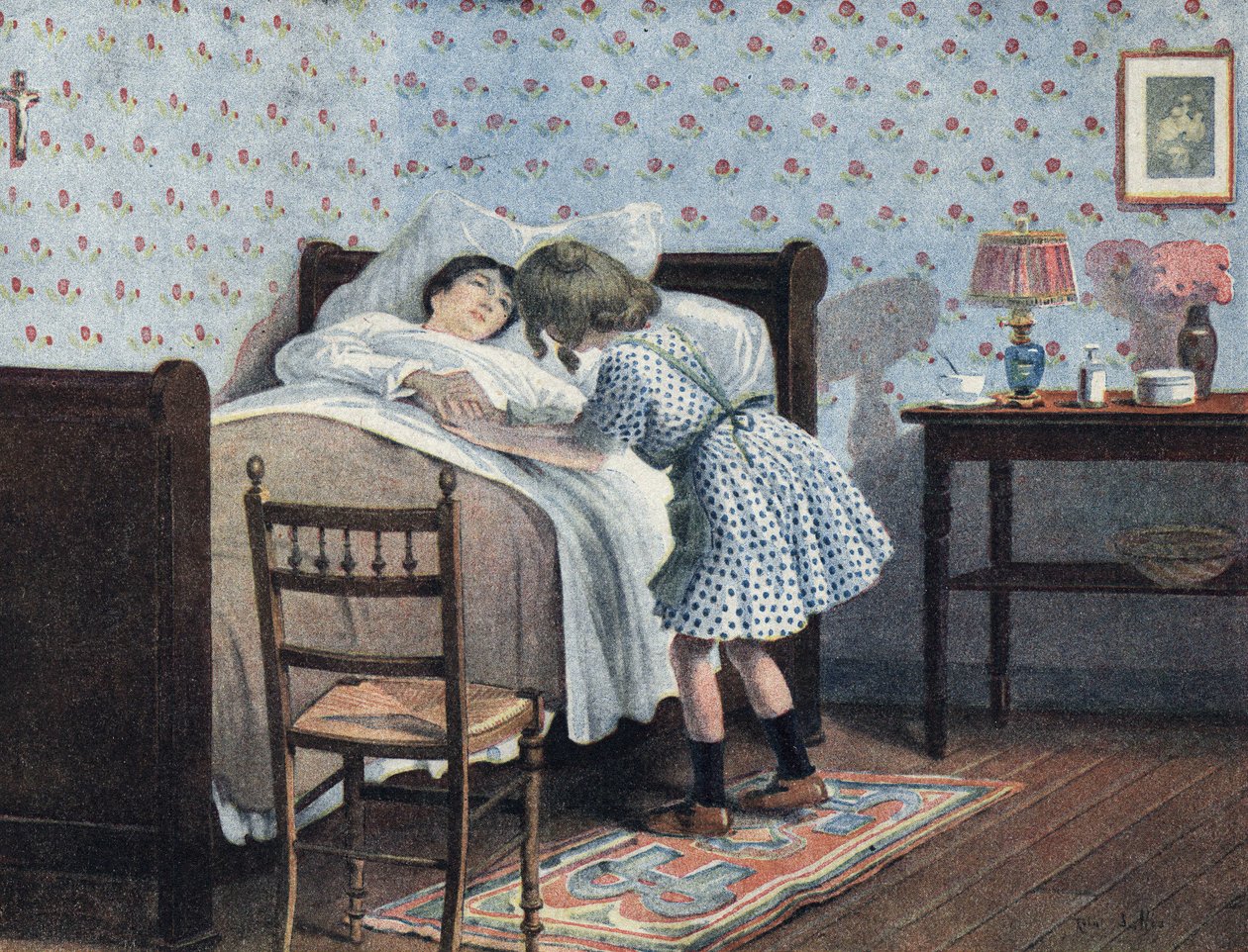 Mała dziewczynka przy łóżku chorej matki czeka na swoją wojnę. Ilustracja Roberta Sallesa (1871-1929) w „Je sais Lire”. autorstwa Robert Salles