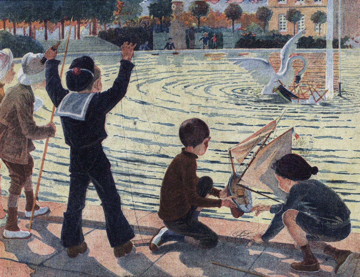 Łabędź atakuje łódź dziecka, które bawiło się w basenie ze swoimi towarzyszami. Ilustracja Roberta Sallesa (1871-1929) w „Je sais Lire”. autorstwa Robert Salles