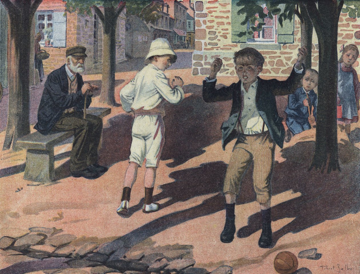 Młody chłopak denerwuje się podczas gry ze swoimi towarzyszami (zły gracz). Ilustracja Roberta Sallesa (1871-1929) w „Je sais Lire”. autorstwa Robert Salles