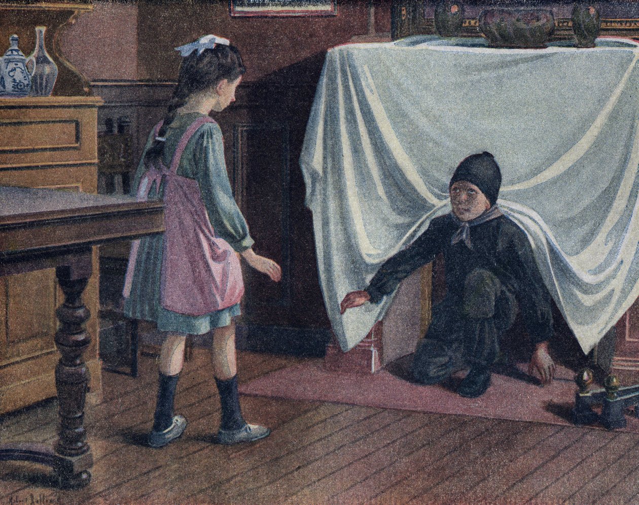 Młody komin pokryty sadzą opuszcza komin pokryty blachą. Przeraża małą dziewczynkę, która myśli, że jest diabłem. Ilustracja Roberta Sallesa (1871-1929) w „Je sais Lire”. autorstwa Robert Salles