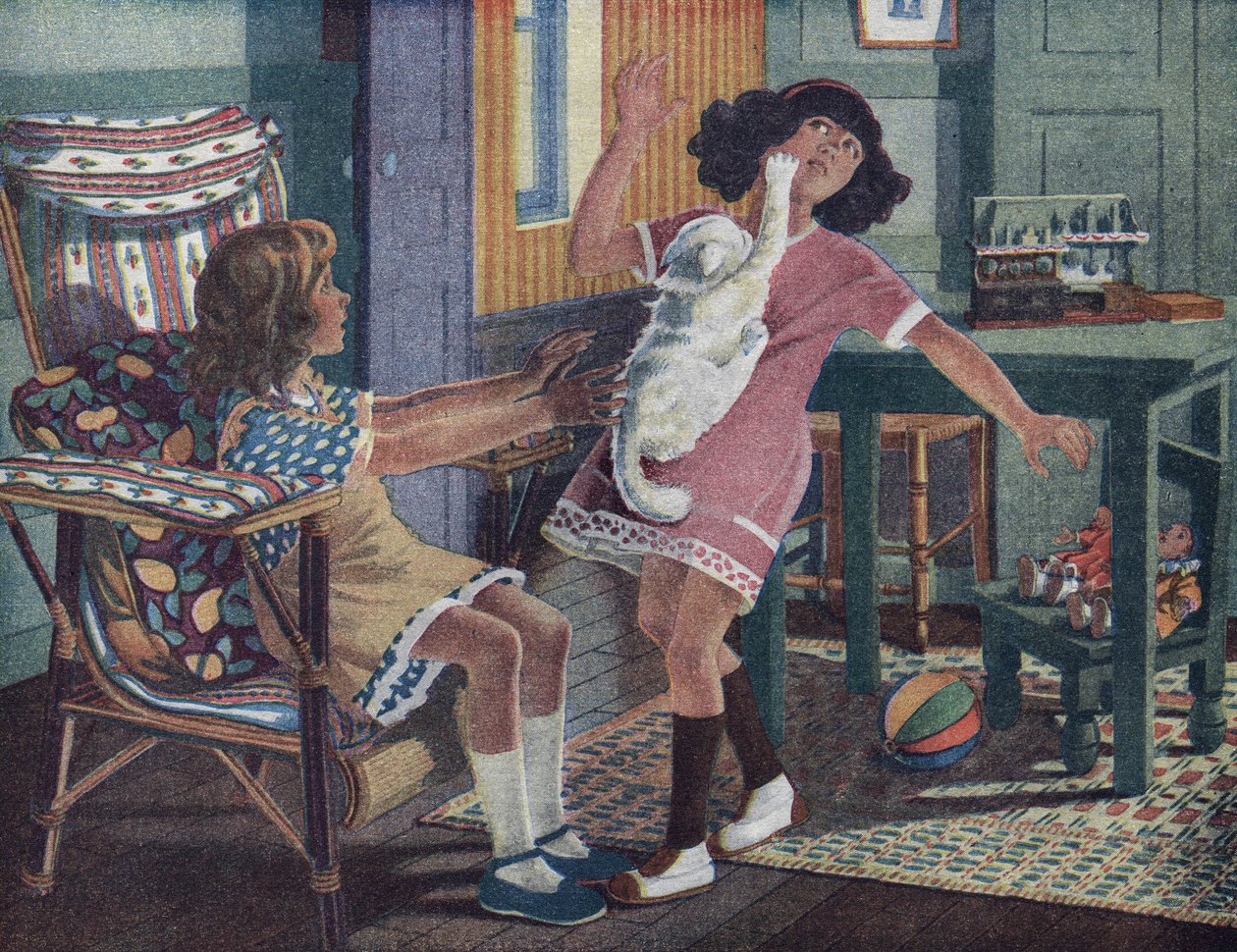 Mały kot Annette: biały kot drapie twarz małej dziewczynki bawiącej się z przyjaciółką. Ilustracja Roberta Sallesa (1871-1929) w „Je sais Lire”. autorstwa Robert Salles