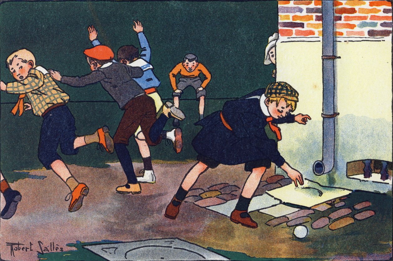 Kula do ściany. Grawerowanie w „” W co gramy? „” E. Webera z rysunkami akwarelowymi Roberta Sallesa (1871-1929). Biblioteka Garnier Freres, Paryż autorstwa Robert Salles