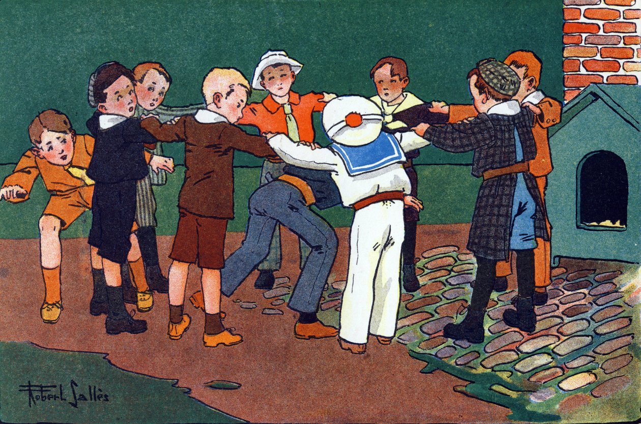 Kot i mysz. Grawerowanie w „” W co gramy? „” E. Webera z rysunkami akwarelowymi Roberta Sallesa (1871-1929). Biblioteka Garnier Freres, Paryż autorstwa Robert Salles