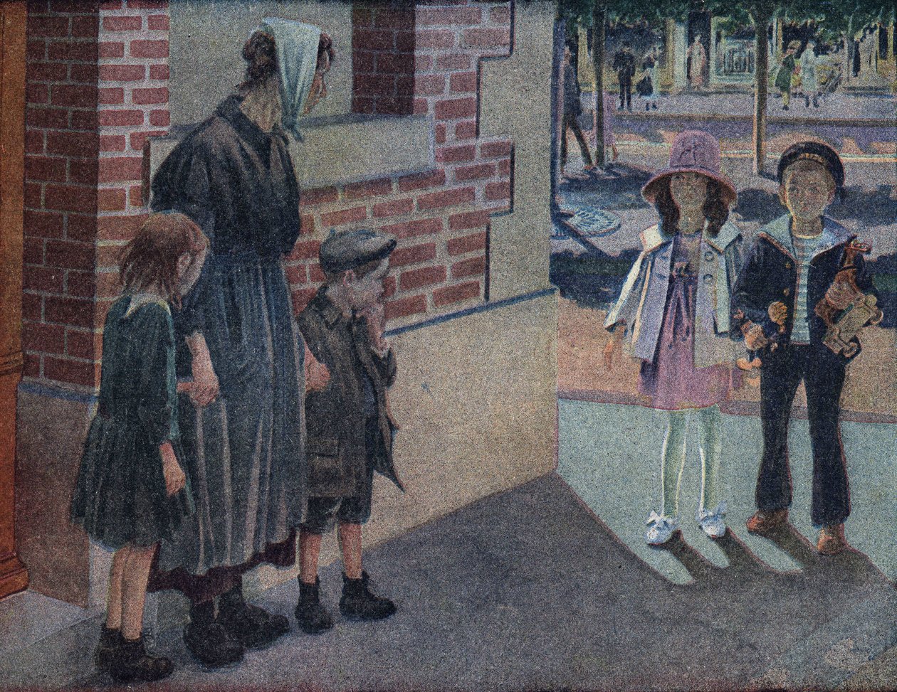 Dobroczynność: mama i jej dwoje dzieci proszą o alumone od małego chłopca i dziewczynki z ulicy, którzy przekażą im ich oszczędności i zabawki. Ilustracja Roberta Sallesa (1871-1929) w „Je sais Lire”. autorstwa Robert Salles