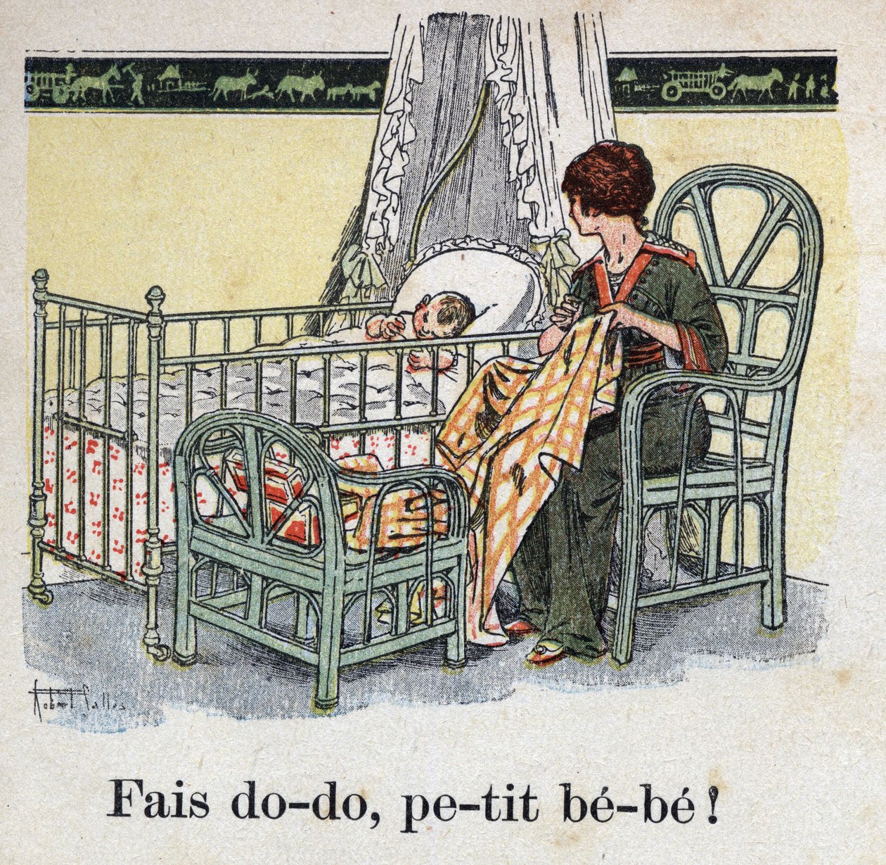 Książka dla dzieci „”Przeczytam – Alfabet metodyczny i zabawny taty””” 1926. Ilustracja Roberta Sallesa (1871-1929). „” Śpij, kochanie, kochanie! „”. Matka szyje w pokoju swojego dziecka, czekając na spanie dziecka. autorstwa Robert Salles