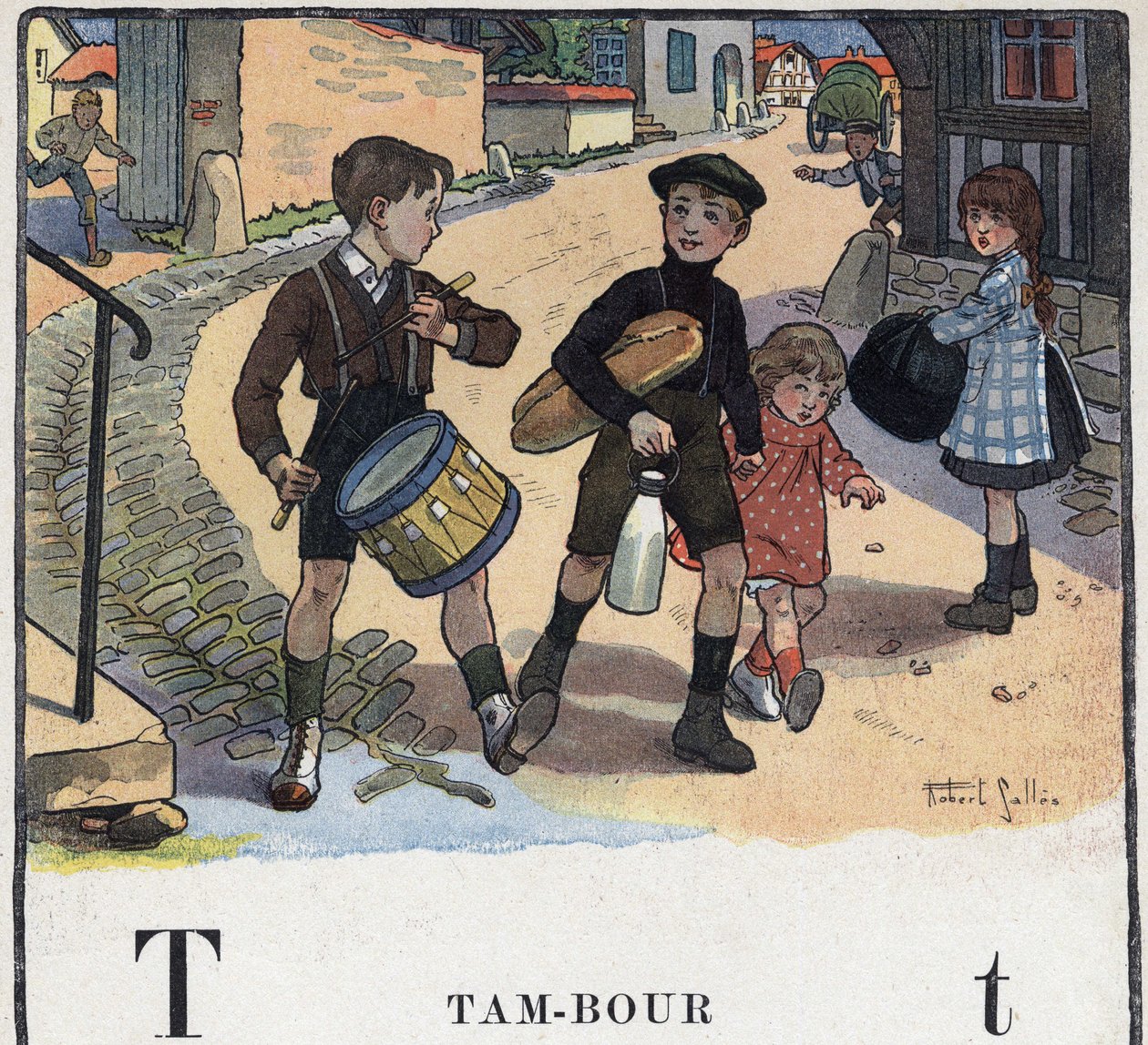 Książka dla dzieci „”Przeczytam – Alfabet metodyczny i zabawny taty””” 1926. Ilustracja Roberta Sallesa (1871-1929). Abecedary: litera T jak Drum. autorstwa Robert Salles