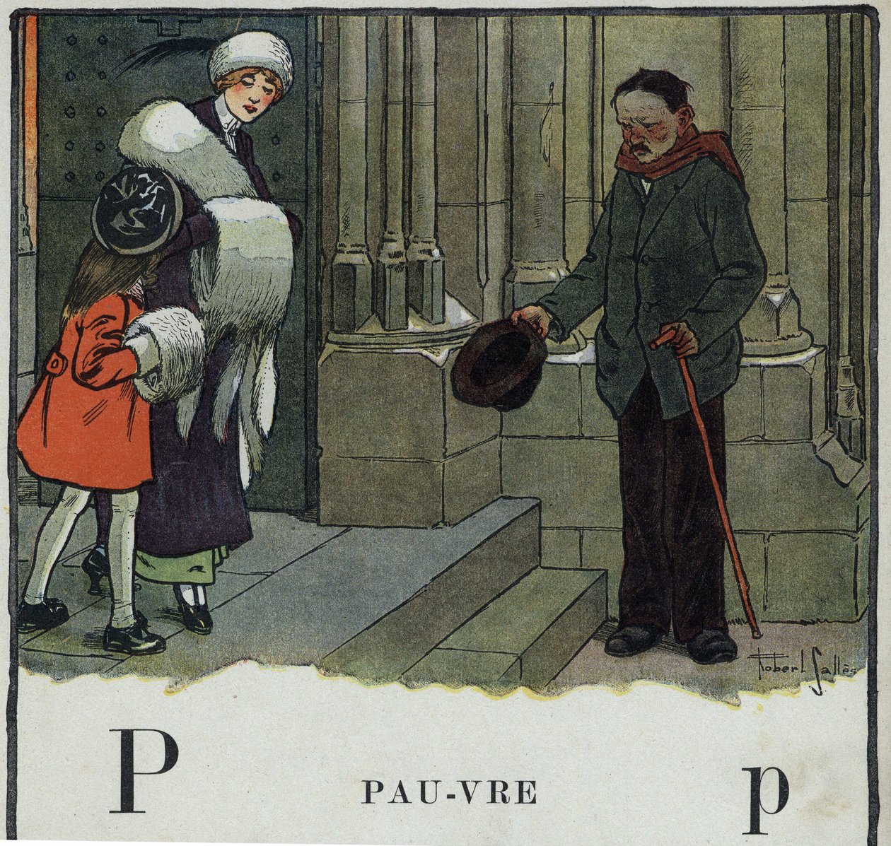 Książka dla dzieci „”Przeczytam – Alfabet metodyczny i zabawny taty””” 1926. Ilustracja Roberta Sallesa (1871-1929). Abecedaire: litera P jako Poor. Żebrak robi rękaw na zewnątrz kościoła. autorstwa Robert Salles