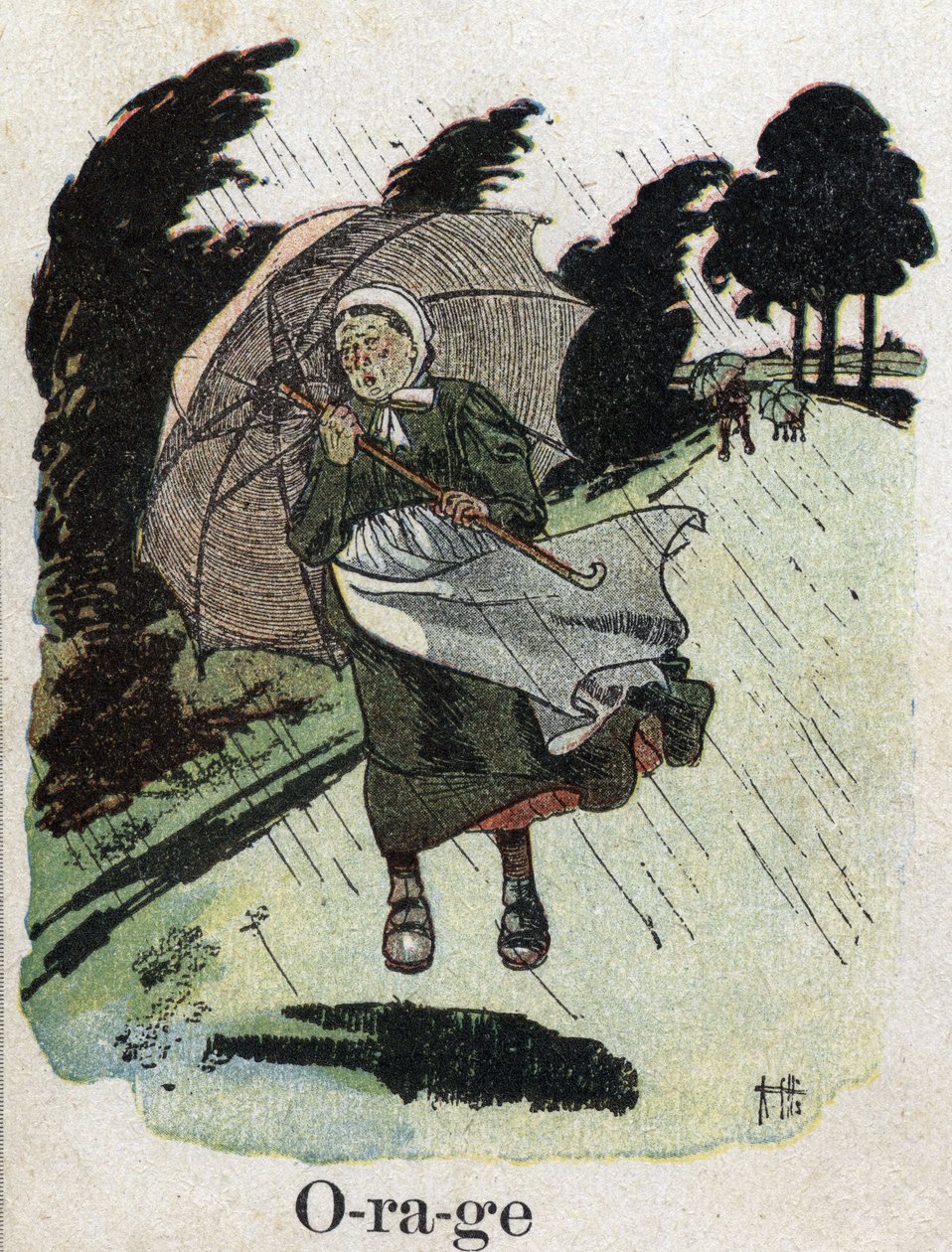 Książka dla dzieci „”Przeczytam – Alfabet metodyczny i zabawny taty””” 1926. Ilustracja Roberta Sallesa (1871-1929). „Burza””: kobieta w deszczu schroni się z parasolem. autorstwa Robert Salles