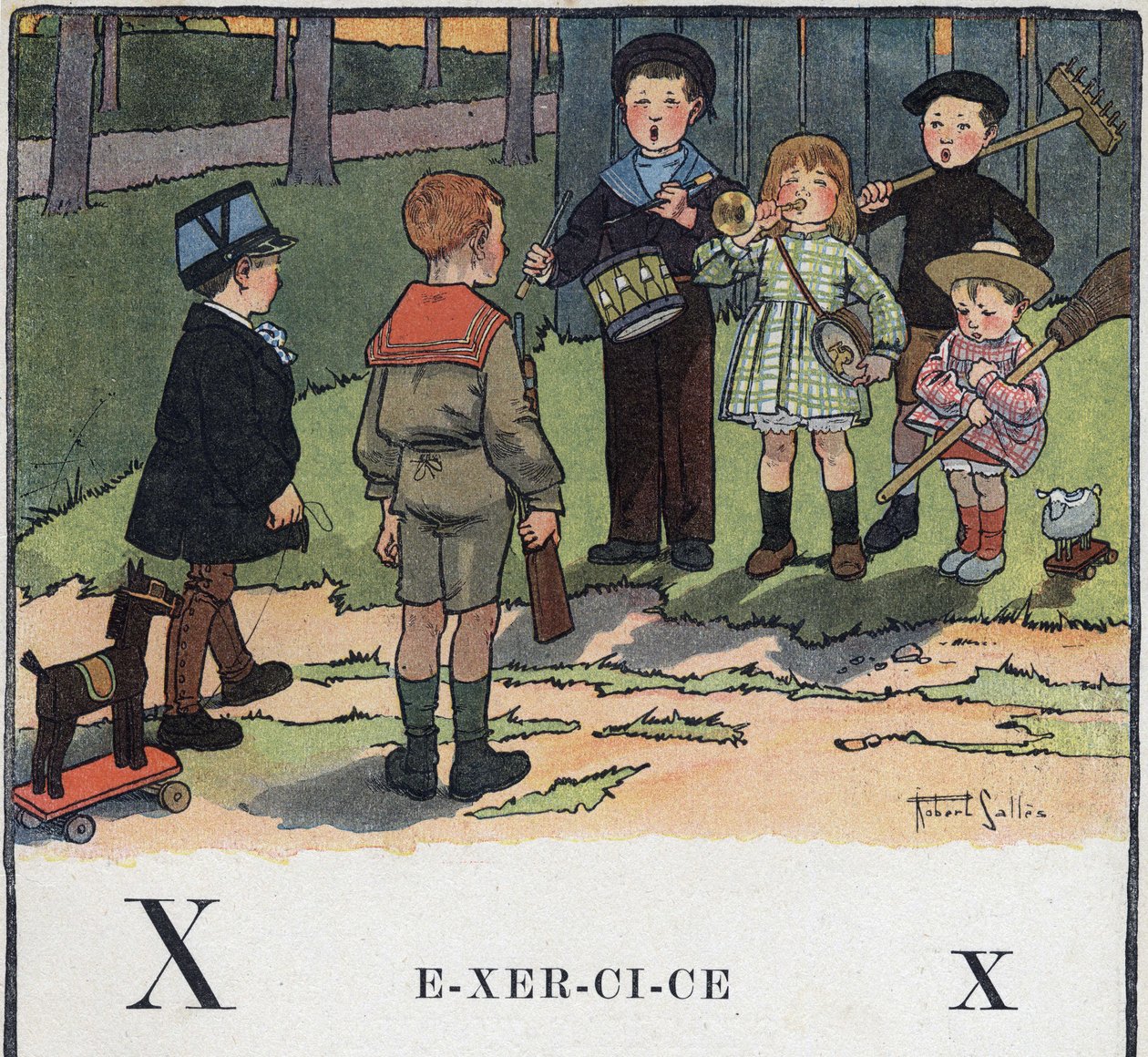 Książka dla dzieci „”Przeczytam – Alfabet metodyczny i zabawny taty””” 1926. Ilustracja Roberta Sallesa (1871-1929). Abecedary: litera X jako Ćwiczenie. Dzieci bawią się w wojsko. autorstwa Robert Salles