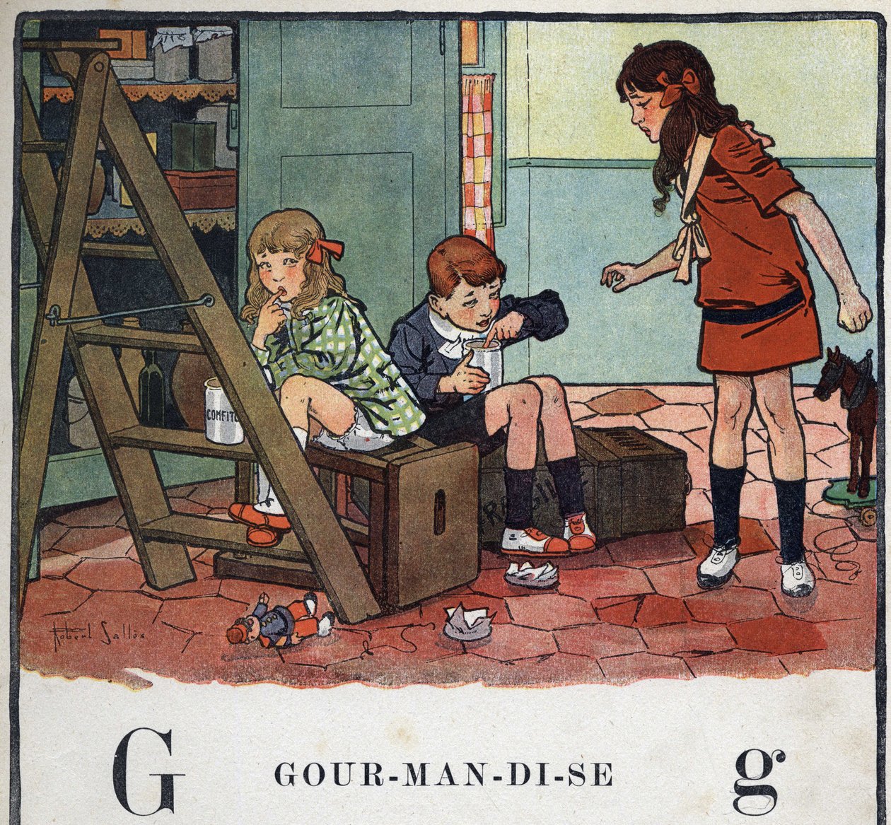 Książka dla dzieci „”Przeczytam – Alfabet metodyczny i zabawny taty””” 1926. Ilustracja Roberta Sallesa (1871-1929). Abecedary: litera G jako Gourmandise. Dziewczyna i chłopcy w tajemnicy jedzą kandyzowane owoce. autorstwa Robert Salles