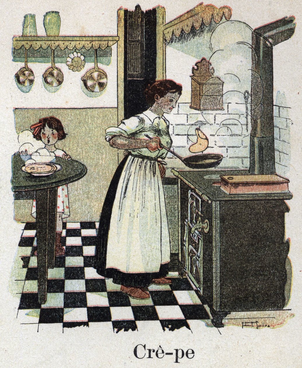 Książka dla dzieci „”Przeczytam – Alfabet metodyczny i zabawny taty””” 1926. Ilustracja Roberta Sallesa (1871-1929). Matka dmucha naleśniki na patelni. autorstwa Robert Salles