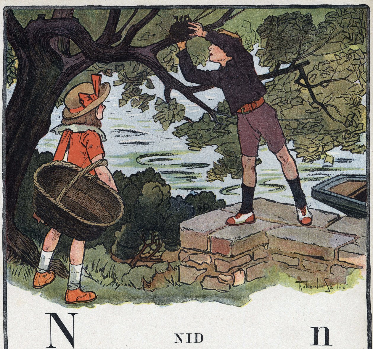 Książka dla dzieci „”Przeczytam – Alfabet metodyczny i zabawny taty””” 1926. Ilustracja Roberta Sallesa (1871-1929). Abecedary: litera N jako Nest. Chłopiec bierze gniazdo zbudowane na drzewie. autorstwa Robert Salles