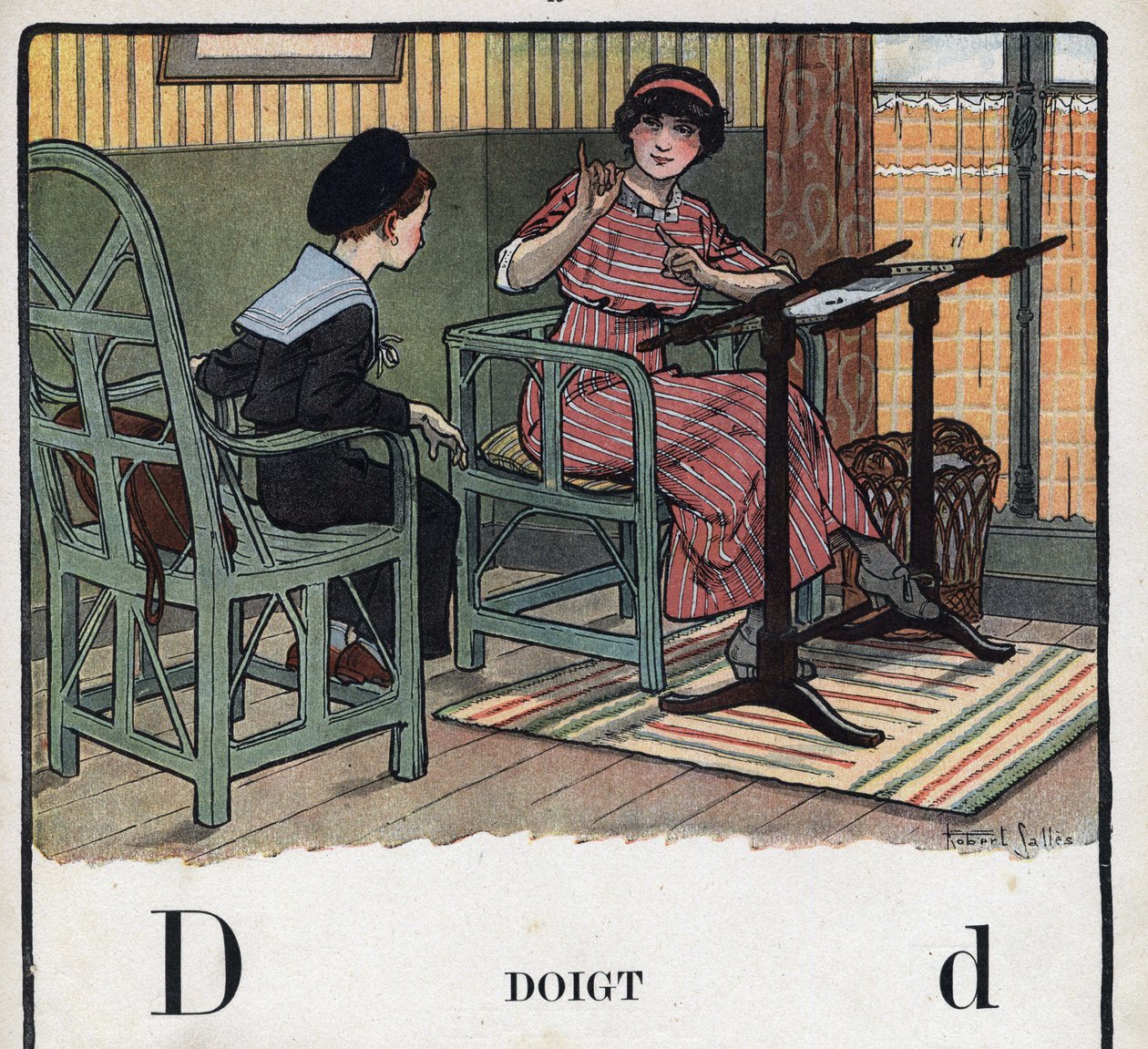 Książka dla dzieci „”Przeczytam – Alfabet metodyczny i zabawny taty””” 1926. Ilustracja Roberta Sallesa (1871-1929). Abecedary: litera D jako palec. Matka wyjaśnia synowi haft. autorstwa Robert Salles