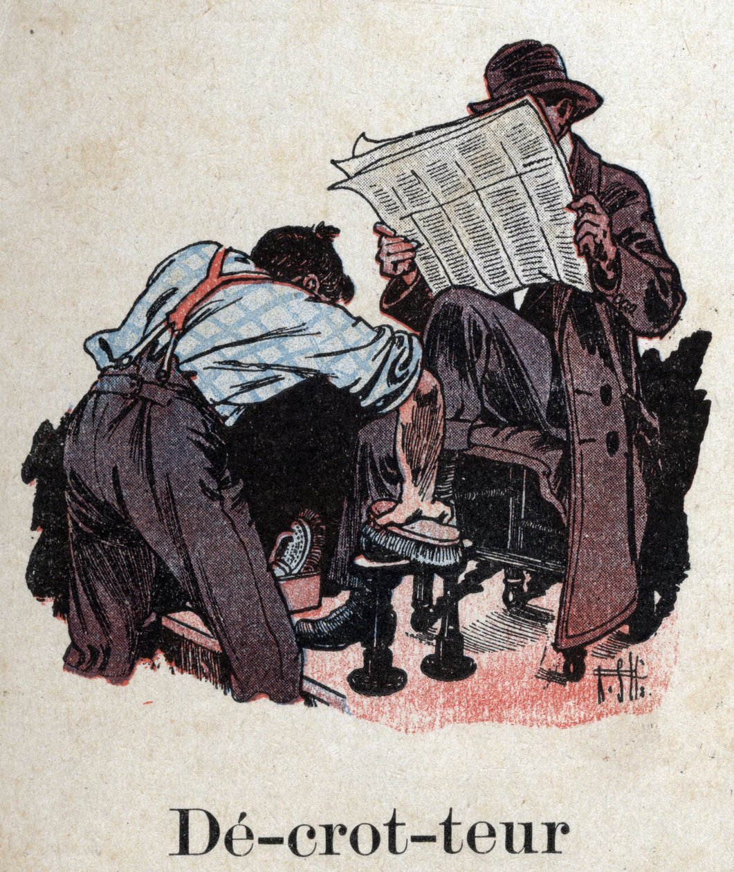 Książka dla dzieci „”Przeczytam – Alfabet metodyczny i zabawny taty””” 1926. Ilustracja Roberta Sallesa (1871-1929). „”Decrotteur””: pucybut czyści buty klienta czytającego gazetę. autorstwa Robert Salles