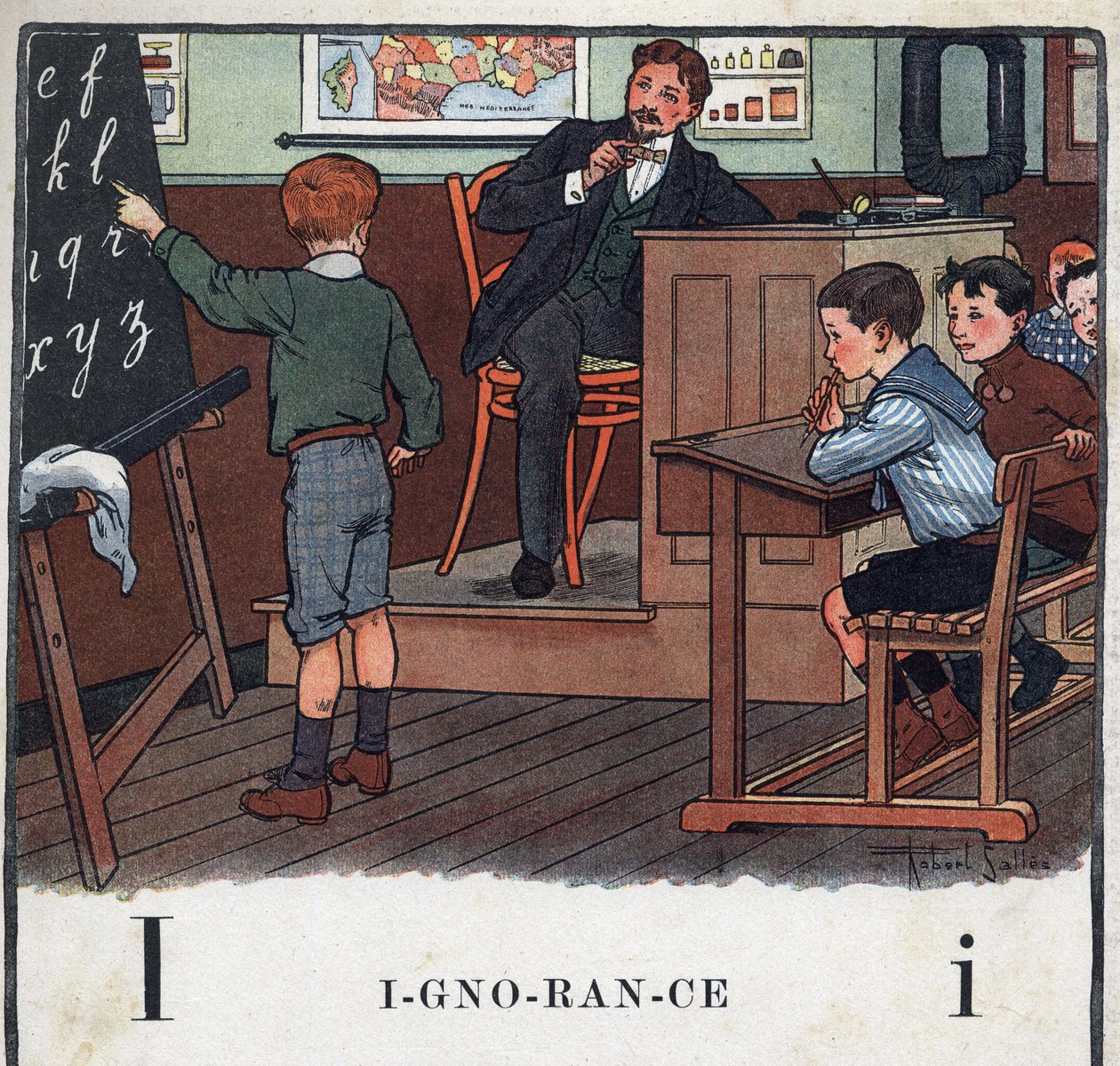 Książka dla dzieci „”Przeczytam – Alfabet metodyczny i zabawny taty””” 1926. Ilustracja Roberta Sallesa (1871-1929). Abecedary: litera I jako Ignorancja. Chłopiec recytuje alfabet na tablicy. autorstwa Robert Salles