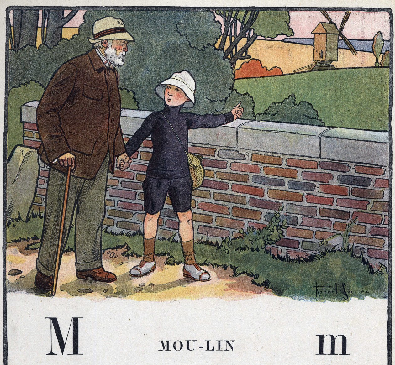 Książka dla dzieci „”Przeczytam – Alfabet metodyczny i zabawny taty””” 1926. Ilustracja Roberta Sallesa (1871-1929). Abecedaire: litera M jako Moulin. Chłopiec spaceruje ze swoim dziadkiem. Wskazuje na wiatrak. autorstwa Robert Salles
