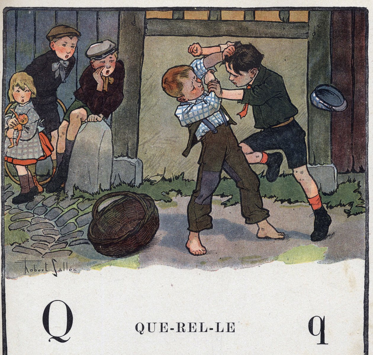 Książka dla dzieci „”Przeczytam – Alfabet metodyczny i zabawny taty””” 1926. Ilustracja Roberta Sallesa (1871-1929). Abecedaire: litera Q jak Querelle. Na podwórku kłócą się dwaj chłopcy. autorstwa Robert Salles