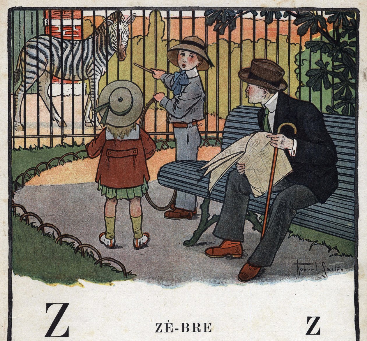 Książka dla dzieci „”Przeczytam – Alfabet metodyczny i zabawny taty””” 1926. Ilustracja Roberta Sallesa (1871-1929). Abecedaire: litera Z jako Zebre. Dzieci z obręczą patrzą na zebrę w zoo. autorstwa Robert Salles