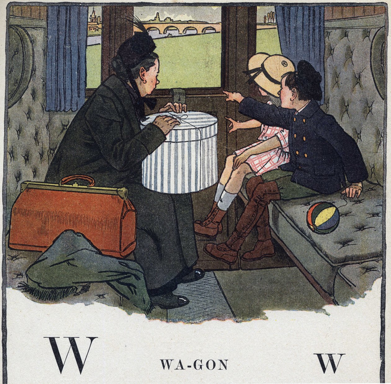 Książka dla dzieci „”Przeczytam – Alfabet metodyczny i zabawny taty””” 1926. Ilustracja Roberta Sallesa (1871-1929). Abecedaire: litera W jako Wagon. W przedziale pociągu podróżuje dwoje dzieci z mamą. autorstwa Robert Salles