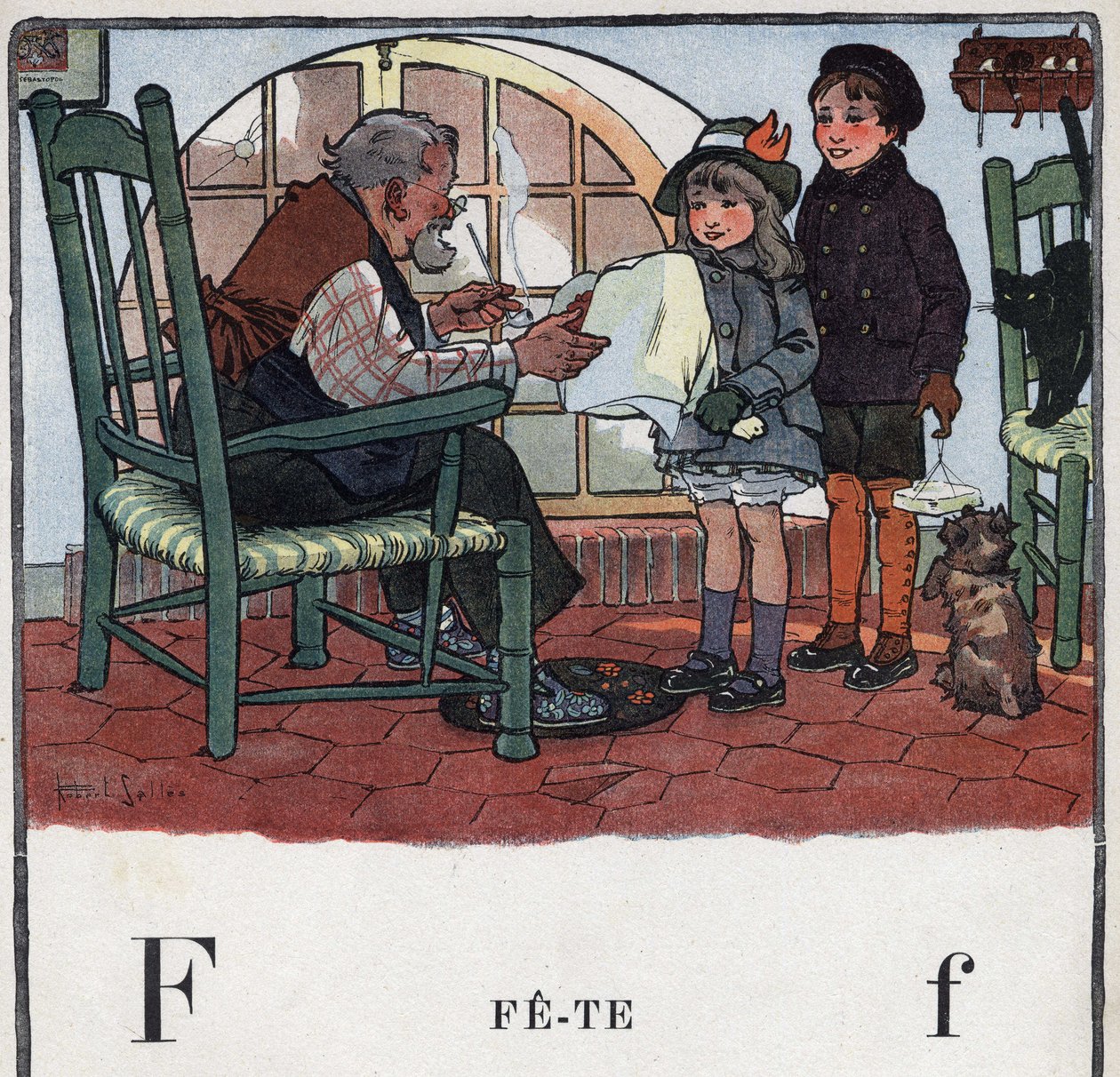 Książka dla dzieci „”Przeczytam – Alfabet metodyczny i zabawny taty””” 1926. Ilustracja Roberta Sallesa (1871-1929). Abecedaire: litera F jako Fete. Dziewczyna i chłopak oferują prezenty na przyjęcie dziadka. autorstwa Robert Salles