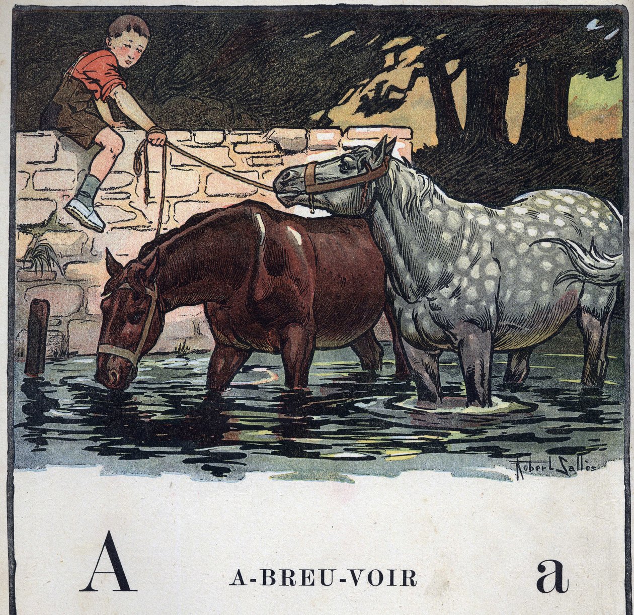 Książka dla dzieci „”Przeczytam – Alfabet metodyczny i zabawny taty””” 1926. Ilustracja Roberta Sallesa (1871-1929). Abecedary: litera A jako woda pitna. Dwa konie piją wodę. autorstwa Robert Salles