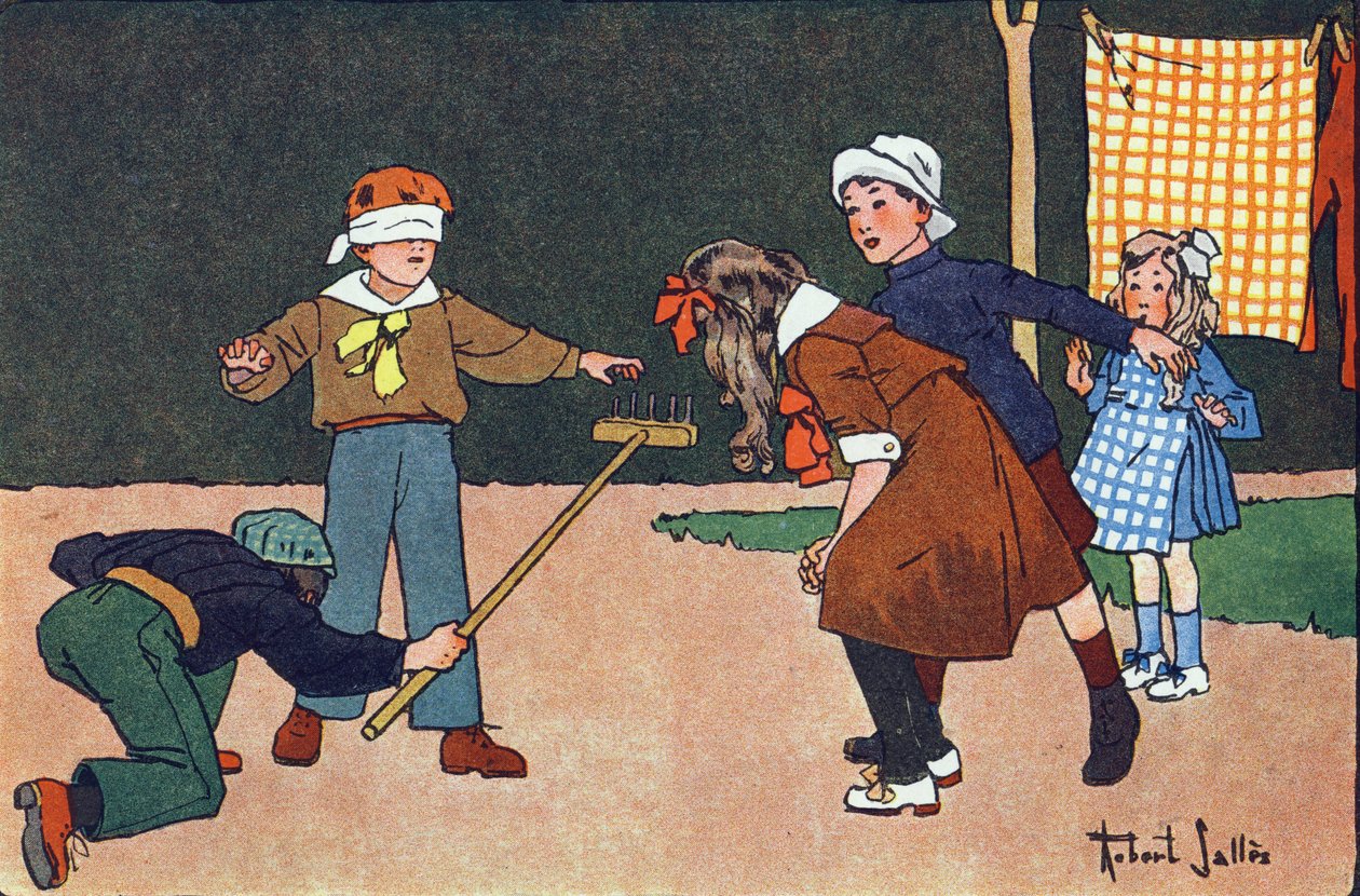 Colin maillard (colin-maillard). Grawerowanie w „” W co gramy? „” E. Webera z rysunkami akwarelowymi Roberta Sallesa (1871-1929). Biblioteka Garnier Freres, Paryż autorstwa Robert Salles