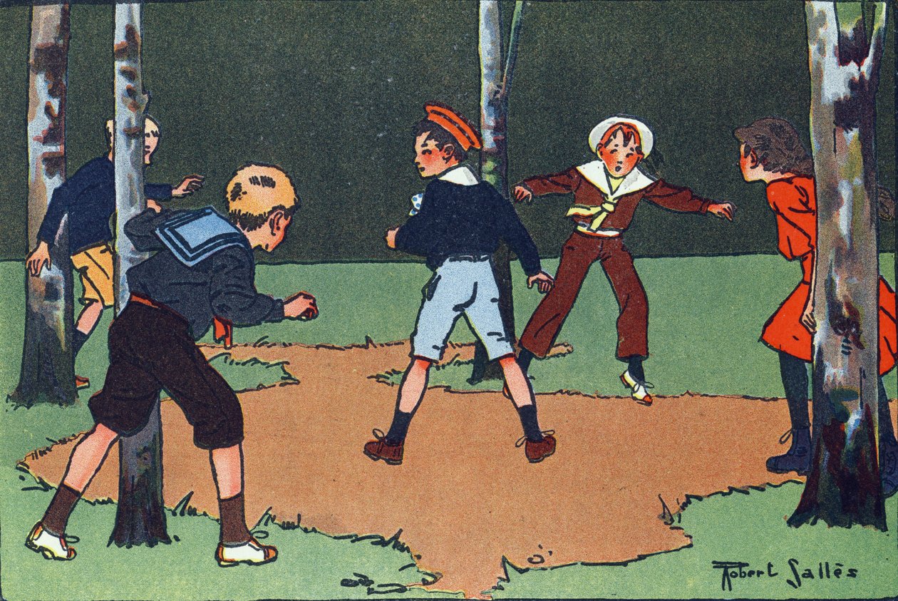 Cztery rogi. Grawerowanie w „” W co gramy? „” E. Webera z rysunkami akwarelowymi Roberta Sallesa (1871-1929). Biblioteka Garnier Freres, Paryż autorstwa Robert Salles