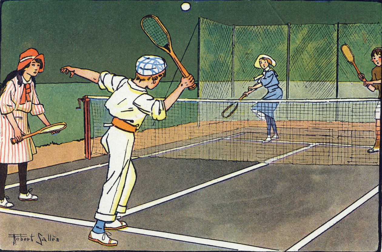 Tenis na trawie. Grawerowanie w „” W co gramy? „” E. Webera z rysunkami akwarelowymi Roberta Sallesa (1871-1929). Biblioteka Garnier Freres, Paryż autorstwa Robert Salles