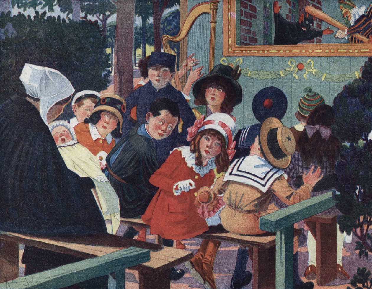 Przedstawienie kukiełkowe: Dzieci w teatrze guignol są obłąkane przez płaczące dziecko. Ilustracja Roberta Sallesa (1871-1929) w „Je sais Lire”. autorstwa Robert Salles